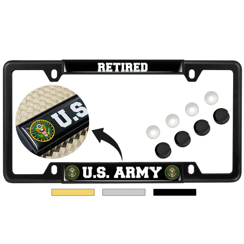 BestLicensePlateFrames [Officially Licensed Product] - U.S. Army Retired - Domed Custom-Made Personalized Narrow (Thin) Top 4 Hole Metal Car License Plate Frame with Free caps - Black (Quantity: 1 Frame) - Image 1